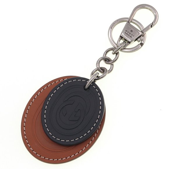 Gucci Interlocking G Keychain 727610 Brown Black Leather Metal Keyring Bag - Picture 1 of 7